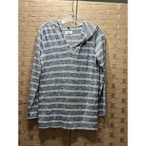 Lou & Grey Women's Hooded Lightweight Sweater Sz XS Soft Knit Gray White Stripes